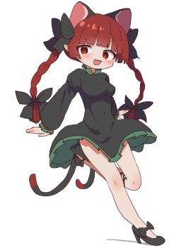 1girl :d absurdres animal_ears black_bow black_dress black_ribbon black_shoes blush bow braid breasts cat_ears cat_girl cat_tail commentary dress extra_ears fang full_body hair_bow high_heels highres kaenbyou_rin korean_commentary leg_ribbon long_hair long_sleeves looking_at_viewer magg_(user_mtca8588) multiple_tails open_mouth red_eyes red_hair ribbon shoes side_braids simple_background smile solo tail touhou twin_braids two_tails white_background