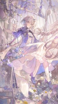 1girl absurdres blue_eyes braid cable_knit colyba dress_shoes floral_background full_body hair_between_eyes hair_intakes highres layered_skirt lolita_fashion looking_at_viewer on_swing original purple_sweater shirt sitting skirt sky smile solo sweater swing swing_set white_hair