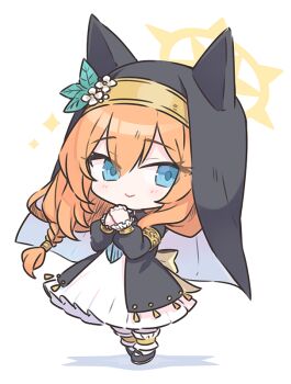 Rule 34 | 1girl, animal ears, armlet, black footwear, blue archive, blue eyes, blush, braid, chibi, closed mouth, dress, eyes visible through hair, flower, frills, hair between eyes, halo, hatching (texture), jewelry, leaf, long hair, mari (blue archive), minoa (lastswallow), nun, orange hair, own hands together, simple background, smile, solo, sparkle, standing, white background, white dress, white flower