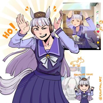 1girl absolute_cinema_(meme) animal_ears blunt_bangs blush bow bowtie breasts brown_hat closed_mouth commentary creature_and_personification ear_bow english_commentary english_text game_screenshot_inset gold_ship_(racehorse) gold_ship_(umamusume) grey_hair hands_up hat horse horse_ears horse_girl horse_tail long_hair long_sleeves looking_at_viewer meme open_mouth personification pillbox_hat purple_bow purple_eyes purple_sailor_collar purple_serafuku purple_shirt purple_skirt rawmaw_art real_life sailor_collar school_uniform serafuku shirt skirt smile tail teeth tracen_school_uniform umamusume white_bow white_bowtie