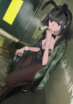 Rule 34 | 1girl, against wall, amayoshi, animal ears, arms up, beer can, black bow, black bowtie, black footwear, black hair, blue eyes, bow, bowtie, breasts, brown pantyhose, can, cigarette, cleavage, collarbone, detached collar, door, drink can, dutch angle, fake animal ears, female focus, from above, green jacket, high heels, holding, holding can, holding cigarette, jacket, jacket on shoulders, leg lift, looking at viewer, medium breasts, night, open clothes, open jacket, original, outdoors, pantyhose, playboy bunny, rabbit ears, short hair, smoke, smoking, solo, standing, swept bangs, wrist cuffs