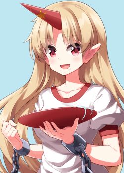 1girl :d blonde_hair blue_background collarbone commentary_request cuffs cup highres holding holding_cup horns hoshiguma_yuugi long_hair looking_at_viewer open_mouth parted_bangs pointy_ears red_eyes red_horns ruu_(tksymkw) sakazuki shirt short_sleeves simple_background single_horn smile solo star_(symbol) touhou upper_body white_shirt