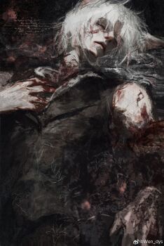 1boy absurdres animal_ears blood blood_on_face blood_on_hands closed_eyes highres long_hair lying male_focus on_back original pixelated severed_limb solo unconscious watermark weibo_watermark wendys008 white_hair