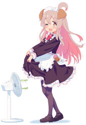 Rule 34 | 1girl, ;d, absurdres, ahoge, animal ears, apron, black dress, black footwear, black pantyhose, blush, bone necklace, bow, bowtie, brown eyes, clothes grab, clothes lift, colored inner hair, dog ears, dress, dress lift, electric fan, fake animal ears, frilled apron, frilled dress, frills, full body, grey hair, hair between eyes, highres, long hair, looking at viewer, maid, maid apron, maid headdress, mary janes, medium dress, multicolored hair, one eye closed, onii-chan wa oshimai!, open mouth, oyama mahiro, pantyhose, pink hair, red bow, red bowtie, shiina excel, shoes, simple background, sleeve cuffs, smile, solo, standing, white apron, white background