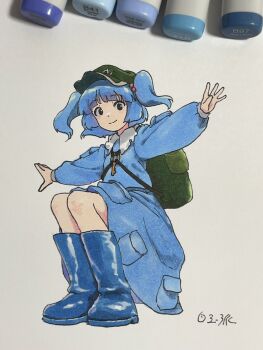 1girl backpack bag black_eyes blue_boots blue_dress blue_hair blunt_bangs blush boots collar commentary_request dress dress_pocket green_bag green_hat hair_bobbles hair_ornament hat highres jewelry kawashiro_nitori looking_at_viewer marker_(medium) necklace outstretched_arms pen photo_(medium) pocket ring ring_necklace shiratama_(hockey) short_twintails signature sitting smile solo spread_arms touhou traditional_media twintails white_background