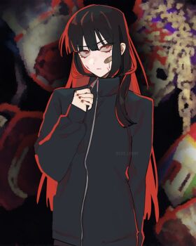 1girl artist_name bandaid bandaid_on_cheek bandaid_on_face black_hair black_jacket blurry blurry_background closed_mouth commentary english_commentary eyelashes highres jacket lets_lam3nt limbus_company long_hair official_alternate_costume project_moon red_eyes ryoshu_(project_moon) scar scar_on_face solo standing track_suit twitter_username watermark zipper zipper_pull_tab