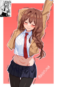 1girl absurdres arm_behind_head arms_up bakasp-lilzy black_pantyhose blue_skirt blush braid brown_hair brown_jacket closed_eyes closed_mouth collared_shirt copyright_name cowboy_shot crop_top cropped_jacket facing_viewer hair_over_shoulder highres inohana_rikka jacket long_hair long_sleeves mayonaka_heart_tune midriff miniskirt motion_lines navel necktie open_clothes open_jacket pantyhose pleated_skirt red_necktie reference_inset ribbed_shirt shirt single_braid skirt smile solo stomach stretching thigh_gap two-tone_background white_shirt