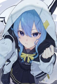 Rule 34 | 1girl, absurdres, black shirt, black skirt, blue eyes, blue hair, closed mouth, commentary request, cowboy shot, double-parted bangs, edge ill, hair between eyes, highres, hololive, hood, hood up, hooded jacket, hoshimachi suisei, hoshimachi suisei (sailor), jacket, long hair, long sleeves, looking at viewer, official alternate costume, official alternate hairstyle, open clothes, open jacket, shirt, skirt, solo, star (symbol), star in eye, symbol in eye, virtual youtuber, white jacket
