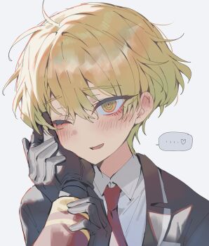 Rule 34 | 1boy, 1other, bad id, bad twitter id, black gloves, blonde hair, blush, coat, collared shirt, dante (limbus company), gloves, hand on another's face, happy, heart, highres, inactive account, korean commentary, limbus company, long sleeves, male focus, maratang, necktie, one eye closed, other with male, project moon, red coat, red necktie, shirt, short hair, simple background, sinclair (project moon), solo focus, speech bubble, white background, white shirt, wing collar, yellow eyes
