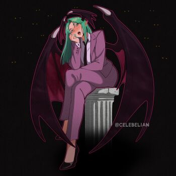 1girl bat_wings black_jacket black_necktie blush breasts celebelian collared_shirt column crossed_legs darkstalkers demon_girl formal_clothes green_eyes green_hair green_nails head_rest head_wings high_heels highres jacket long_hair looking_at_viewer morrigan_aensland necktie open_mouth panties pants pillar purple_jacket purple_panties purple_wings shirt solo striped_clothes suit underwear white_shirt wings
