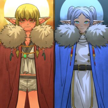2girls alternate_costume basedlida belt blonde_hair blue_cloak cloak coat commentary contrast cowboy_shot day_and_night ear_bar earrings elf english_commentary frieren full_moon fur-trimmed_cloak fur_trim green_eyes grey_hair highres jewelry looking_at_viewer midriff_peek moon multiple_girls pendant pointy_ears red_cloak serie_(sousou_no_frieren) shorts smile smirk sousou_no_frieren split_screen straight-on sun tassel twintails white_coat white_shorts yellow_eyes