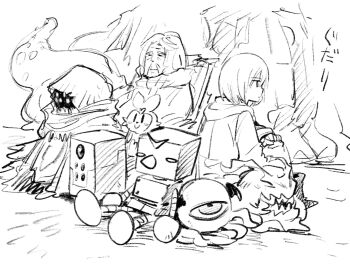 cloak crossover ernesti_echevalier extra_eyes greyscale highres ishiyumi_(character) jukebox_(mechanical_buddy_universe) kato_takuji knight's_&amp;_magic machine mascot mechanical_buddy_universe military_fatigues military_uniform monochrome old old_man original single_eye tentacles wheelchair