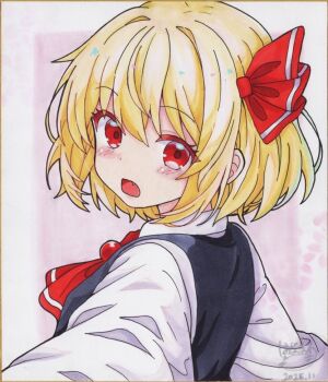 Rule 34 | 1girl, ascot, black vest, blonde hair, blush stickers, commentary request, fang, hair between eyes, hair ribbon, hoshi tea party, long sleeves, looking at viewer, open mouth, photo (medium), red ascot, red eyes, red ribbon, ribbon, rumia, shikishi, shirt, short hair, signature, solo, touhou, traditional media, vest, white shirt