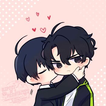 2boys ahoge averting_eyes black_coat black_eyes black_hair black_shirt blush coat collared_shirt commentary double-parted_bangs english_commentary hair_between_eyes hand_on_another&#039;s_face highres kim_dokja kimidori_22 kiss male_focus multiple_boys omniscient_reader&#039;s_viewpoint open_clothes open_coat popped_collar shirt short_hair yaoi yoo_joonghyuk