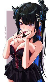 1girl absurdres bat_(animal) black_corset black_hair blood blood_on_hands breasts commentary corset english_commentary hair_ornament highres hololive hololive_english horns large_breasts long_hair multicolored_hair nerissa_ravencroft red_eyes simple_background solevisionarts solo tongue tongue_out virtual_youtuber