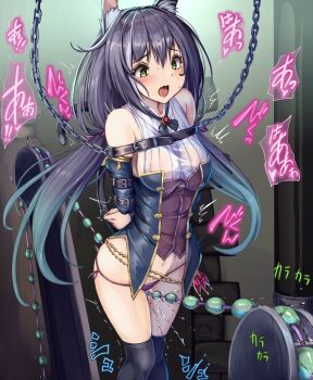 1girl animal_ear_fluff animal_ears arms_behind_back bare_shoulders bdsm bead_sex_machine black_hair black_socks black_thighhighs bondage bound bound_arms breasts buckle cat_ears cat_girl cat_tail chain chained commentary_request covered_erect_nipples crotch_rub detached_sleeves egg_vibrator feet_out_of_frame female_ejaculation_through_clothes green_eyes hair_ribbon heart heart-shaped_pupils highres indoors karyl_(princess_connect!) kneehighs long_hair long_sleeves low_twintails machine medium_breasts monikano multicolored_clothes multicolored_hair nipples open_mouth panties predicament_bondage princess_connect! purple_panties purple_ribbon pussy_juice revision ribbon rope_walking saliva see-through_clothes sex_machine sex_toy side-tie_panties socks solo standing streaked_hair symbol-shaped_pupils tail text_focus thighhighs twintails underwear very_long_hair vibrator white_hair