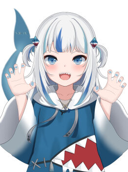 1girl absurdres animal_costume blue_eyes blue_hair blue_hoodie blue_nails blunt_bangs blush commentary_request fins fish_tail gawr_gura grey_hair growling hair_ornament highres hololive hololive_english hood hoodie long_hair looking_at_viewer multicolored_hair open_mouth shark_costume shark_girl shark_hair_ornament shark_tail sharp_teeth solo streaked_hair tail teeth two_side_up user_pwuf8343 virtual_youtuber white_background