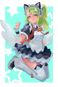 Rule 34 | 1girl, animal ear hairband, animal ears, aqua background, bag, bell, black dress, blush, border, cat ear hairband, cat ears, commentary request, dress, fake animal ears, full body, ghost hair ornament, green eyes, green hair, hair ornament, hairband, looking at viewer, maid, maid headdress, multiple hair clips, neck bell, official alternate costume, open mouth, red bag, solo, star (symbol), sungjun7287, sunna (afternoon tea break) (zenless zone zero), sunna (zenless zone zero), triangle hair ornament, two-tone background, white border, white wings, winged bag, wings, zenless zone zero