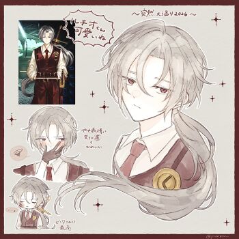 1boy androgynous artist_name blush border closed_mouth collared_shirt commentary_request game_screenshot_inset gloves grey_background grey_hair highres limbus_company looking_at_viewer low_ponytail lucio_(project_moon) male_focus multiple_views necktie outline ponytail project_moon red_border red_eyes red_necktie screenshot_inset shirt sparkle squiggle sword sword_on_back translation_request twitter_username weapon weapon_on_back white_outline white_shirt yionsim