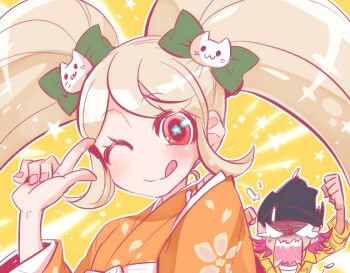 Rule 34 | 1boy, 1girl, beanie, bow, commentary request, danganronpa (series), danganronpa 2: goodbye despair, hair bow, hat, japanese clothes, jumpsuit, kimono, no nose, orange kimono, pink hair, red eyes, saionji hiyoko, sasagawa kureo, soda kazuichi, tongue, tongue out, twintails, yellow background, yellow jumpsuit
