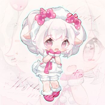 Rule 34 | 1girl, animal ears, aqua outline, bare arms, boots, bow, bowtie, chibi, chinese commentary, commentary request, commission, cosplay, curly hair, eyelashes, fang, footwear bow, fur-trimmed boots, fur-trimmed mittens, fur-trimmed shorts, fur hairband, fur sleeves, fur trim, goat ears, goat girl, goat horns, goat tail, hair bow, hairband, hands on own chin, happy, horns, knees, lanlan zhi jiabing, light blush, light particles, looking at viewer, mei yangyang, mei yangyang (cosplay), mittens, nikki (series), open mouth, outline, pink boots, pink bow, pink bowtie, pink eyes, pink horns, pink mittens, pink scarf, pink snowprint (shining nikki), pocket, polka dot, polka dot bow, pom pom (clothes), puffy short sleeves, puffy sleeves, sample watermark, scarf, shining nikki, shirt, short hair, short sleeves, shorts, skin fang, small horns, smile, solo, sparkling eyes, standing, tail, tareme, too many watermarks, watermark, white background, white hair, white hairband, white shirt, white shorts, xiyangyang yu huitailang, zoom layer