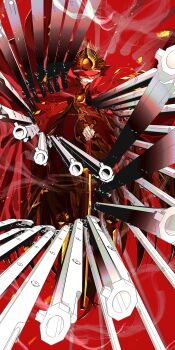 Rule 34 | 1girl, black hair, commentary request, crest, debg0423, family crest, fate/grand order, fate (series), full body, gun, hat, highres, holding, katana, long hair, musket, oda nobunaga (fate), oda nobunaga (koha-ace), oda uri, peaked cap, red eyes, shako cap, solo, sword, weapon