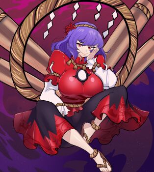 1girl absurdres black_skirt breasts highres large_breasts long_skirt looking_at_viewer mirror missandydandy onbashira purple_hair red_eyes red_shirt rope sandals shimenawa shirt short_hair skirt smile solo touhou two-tone_skirt yasaka_kanako