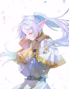1girl belt capelet closed_eyes closed_mouth dress elf frieren grey_hair highres long_hair own_hands_clasped own_hands_together pointy_ears quasarcake solo sousou_no_frieren thick_eyebrows twintails white_capelet white_dress