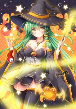 1girl alternate_costume bat_(animal) black_background black_dress black_hat black_sleeves black_thighhighs blush breasts cleavage closed_mouth commentary_request cowboy_shot cross cross_necklace detached_sleeves diagonal-striped_background dress grey_hair hair_ornament halloween halloween_costume hat hat_ribbon highres holding holding_wand jewelry kochiya_sanae large_breasts latin_cross long_hair long_sleeves looking_at_viewer magatama necklace orange_background orange_ribbon osashin_(osada) pearl_necklace ribbon smile snake_hair_ornament solo standing star_(symbol) strapless strapless_dress striped_background thighhighs touhou underbust very_long_hair wand wide_sleeves witch witch_hat yellow_eyes