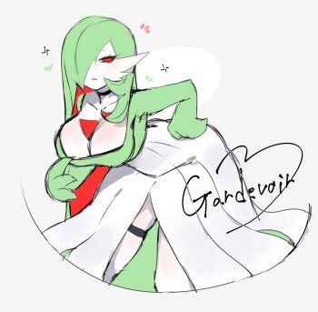 alternate_breast_size_(larger) alternate_hairstyle breasts chest_jewel choker cleavage clothes_pull collarbone colored_inner_hair crest dress dress_pull gardevoir gen_3_pokemon green_hair hair_down hair_over_one_eye hand_on_own_hip large_breasts long_hair multicolored_hair nintendo parted_lips pokemon red_eyes standing thigh_strap togetoge very_long_hair wide_hips