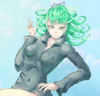 Rule 34 | absurdres, black dress, curly hair, dress, green eyes, green hair, highres, legs, non-web source, one-punch man, tatsumaki, thighs