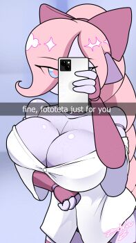 1girl android artist_name blue_eyes bow breasts cellphone cleavage commentary doll_joints english_commentary english_text gynoid hair_bow heart heart_in_eye highres holding holding_cellphone holding_phone joints large_breasts no_pants original phone pink_bow pink_hair ponytail robot robot_girl selfie shirt symbol_in_eye zedrin