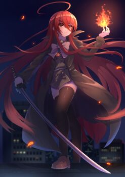 &gt;:( 1girl absurdres ahoge alastor_(shakugan_no_shana) black_thighhighs blurry blurry_background bow brown_shoes buttons closed_mouth coat commentary_request double-breasted eyes_visible_through_hair fighting_stance fire floating_hair foot_out_of_frame green_coat green_sailor_collar green_serafuku green_shirt green_skirt hair_between_eyes hand_up highres holding holding_sword holding_weapon huge_ahoge huge_bow jewelry katana loafers long_hair long_sleeves looking_at_viewer midriff miniskirt navel necklace night open_clothes open_coat outdoors pyrokinesis red_eyes red_hair sailor_collar school_uniform seiyagasa serafuku serious shakugan_no_shana shana shirt shoes sidelocks skirt solo split_mouth standing sword thighhighs v-shaped_eyebrows very_long_hair weapon yellow_bow zettai_ryouiki