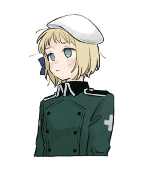 1girl aqua_eyes axis_powers_hetalia beret blonde_hair blue_bow blush_stickers bow buttons closed_mouth collared_jacket commentary_request cross cross_print empty_eyes green_jacket hair_bow hat highres jacket liechtenstein_(hetalia) long_sleeves looking_to_the_side mi_aph_to military military_hat military_jacket military_uniform short_hair simple_background solo upper_body white_background white_hat