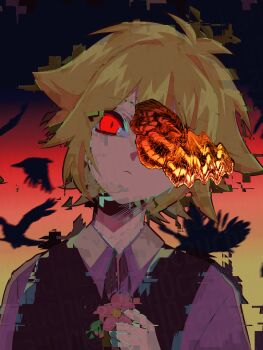 Rule 34 | 1boy, animal, antenna hair, basil (faraway) (omori), basil (omori), bird, black sky, black sweater vest, blurry, blurry background, bug, butterfly, butterfly over eye, closed mouth, collared shirt, commentary request, eyes visible through hair, flipped hair, flower, frown, glitch, gradient sky, hand up, head tilt, highres, holding, holding flower, insect, kauchi (kani10cauchi), male focus, omori, one eye covered, orange butterfly, orange sky, outdoors, pink flower, red eyes, shirt, short hair, sidelocks, sky, slit pupils, solo, straight-on, sweater vest, upper body, white shirt