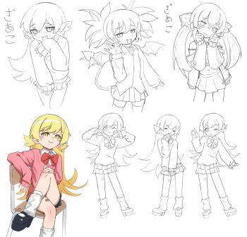 3girls :3 animal_print arm_at_side bandaid bandaid_on_leg bat_wings black_shoes black_skirt blonde_hair blowing_kiss blush_stickers bow bowtie bright_pupils camisole chair choker clenched_hands contrapposto covering_own_mouth cowboy_shot cropped_legs crossed_legs demon_girl demon_tail disgaea dot_nose double_strap_slip dress_shirt earrings elbow_rest etna_(disgaea) fangs flat_chest flipped_hair foot_out_of_frame full_body hair_bow hair_flaps hand_on_own_face hand_on_own_knee hand_to_own_mouth hand_up hands_up head_tilt highres idolmaster idolmaster_cinderella_girls jacket jacket_on_shoulders jewelry jitome knee_blush knee_up leg_warmers leopard_print lineart lips long_hair long_sleeves makai_senki_disgaea mary_janes matoba_risa medium_hair mesugaki monogatari_(series) multiple_girls multiple_views narrowed_eyes navel o-ring o-ring_choker on_chair one_eye_closed open_mouth oshino_shinobu pink_nails pink_sweater platform_heels pleated_skirt pointy_ears puckered_lips raised_inner_eyebrows red_bow red_bowtie ricman_rt ringed_eyes school_chair sequential shirt shoes short_twintails sidelocks sitting skirt skull_earrings sleeves_past_wrists slit_pupils smile smug standing strap_slip sweater tail thighhighs twintails very_long_hair waving white_leg_warmers white_pupils wings yellow_eyes