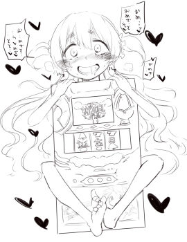 1girl barefoot blush breath cameo character_name covering_privates crazy crazy_eyes damenano104 drooling feet female_focus full_body hair_between_eyes heart heavy_breathing highres kaname_madoka loli long_hair looking_at_viewer mahou_shoujo_madoka_magica mahou_shoujo_madoka_magica:_hangyaku_no_monogatari momoe_nagisa monochrome saliva sanpaku simple_background slot_machine smile snot solo soul_gem speech_bubble talking tareme tears toes translation_request two_side_up very_long_hair white_background
