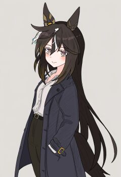 1girl alternate_hairstyle animal_ears black_hair brown_eyes brown_hair commentary_request ear_covers ear_ornament hair_between_eyes highres horse_ears horse_girl horse_tail long_hair looking_at_viewer miyabi1221 multicolored_hair shirt single_ear_cover smile solo stay_gold_(umamusume) streaked_hair tail umamusume white_hair