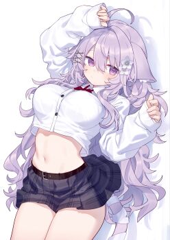 1girl absurdres ahoge animal_ears arm_up belt black_skirt bow bowtie breasts buttons cat_ears cat_girl cat_tail character_request closed_mouth collared_shirt commission cowboy_shot crop_top crop_top_overhang dress_shirt floppy_ears flower hair_flower hair_ornament hand_up highres hiraga_matsuri large_breasts long_hair long_sleeves looking_at_viewer messy_hair midriff miniskirt navel original plaid_clothes plaid_skirt pleated_skirt purple_eyes purple_hair shirt simple_background skeb_commission skirt sleeves_past_wrists solo stomach tail thighs very_long_hair vrchat white_background white_shirt