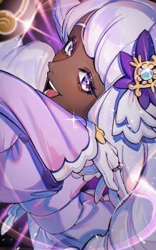 1girl bow dark-skinned_female dark_skin dress eyelashes fascinator gem glint glove_bow gloves gold_ring hand_up highres jacinthe_(pokemon) juliet_sleeves light_blush long_hair long_sleeves looking_at_viewer low_drills luxury_ball nan_d_ina nintendo open_mouth poke_ball pokemon pokemon_legends:_z-a puffy_sleeves purple_background purple_dress purple_eyes purple_hair smile solo sparkle sparkling_eyes teeth upper_body very_dark_skin white_gloves yellow_bow