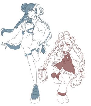 2girls ahoge animal_ear_fluff animal_ear_piercing animal_ears animal_feet anklet bare_shoulders black_hair braid braided_twintails china_dress chinese_clothes closed_mouth commentary_request detached_sleeves dialyn_(zenless_zone_zero) double_bun dress full_body furry furry_female hair_bun hand_on_own_hip highres jewelry leg_up long_hair looking_at_viewer multicolored_hair multiple_girls nail_polish necktie open_mouth partially_colored pink_fur rabbit_ears rabbit_girl short_eyebrows simple_background split-color_hair standing standing_on_one_leg taninumeo thick_eyebrows thighhighs white_background white_hair white_thighhighs zenless_zone_zero zhao_(zenless_zone_zero)