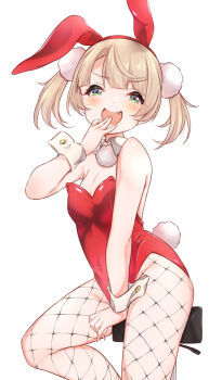 1girl :d aged_down alternate_costume animal_ear_hairband animal_ears arm_support bare_arms bare_shoulders between_legs blonde_hair blush commentary covered_navel covering_own_mouth cowboy_shot elbow_blush fake_animal_ears fake_tail fang fishnet_pantyhose fishnets green_eyes groin hair_ornament hairband hand_between_legs hand_over_own_mouth hand_up highleg highleg_leotard highres indie_virtual_youtuber leotard leotard_peel looking_at_viewer mesugaki on_stool open_mouth oversized_breast_cup pantyhose pom_pom_(clothes) pom_pom_hair_ornament rabbit_ear_hairband rabbit_ears rabbit_tail red_hairband red_leotard shigure_ui_(vtuber) shigure_ui_(vtuber)_(young) short_hair shoulder_blush simple_background skindentation smile smug solo strapless strapless_leotard suzushika_(13_96) swept_bangs tail twintails virtual_youtuber white_background wrist_cuffs