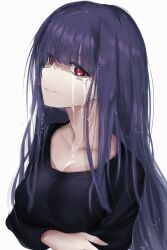 Rule 34 | 1girl, asagami fujino, blunt bangs, breasts, commentary request, crying, crying with eyes open, highres, kara no kyoukai, large breasts, long hair, looking at viewer, purple hair, red eyes, solo, tears, toomishou