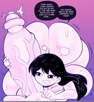 1boy 1girl angstrom ass black_eyes black_hair breasts collarbone colored_skin completely_nude english_text gigantic_breasts gigantic_penis gradient_background halftone halftone_background hetero highres huge_ass incest long_hair mari_(headspace)_(omori) mari_(omori) motion_lines navel nude omori omori_(omori) open_mouth penis penis_grab pink_background pov precum puff_of_air purple_background smile speech_bubble sweat veins veiny_penis white_skin