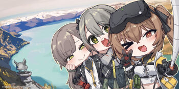 3girls absurdres bad_link blush brown_hair girls&#039;_frontline girls&#039;_frontline_2:_exilium green_eyes highres lake long_hair mountain multiple_girls official_art open_mouth shirt smile twintails ump40_(girls&#039;_frontline) ump45_(girls&#039;_frontline) ump9_(girls&#039;_frontline) white_shirt xinjiang yellow_eyes