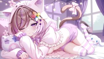 1girl animal_ears bow breasts brown_hair cat_ears cat_girl cat_tail closed_mouth flower hair_flower hair_ornament highres hood hoodie indie_virtual_youtuber indoors kiyochii long_sleeves looking_at_viewer lying medium_breasts medium_hair multicolored_hair neko_ella no_bra on_stomach one_eye_closed purple_eyes purple_shorts purple_theme short_shorts shorts slippers solo streaked_hair striped_clothes striped_thighhighs tail tail_bow tail_ornament tail_raised thighhighs thighs virtual_youtuber white_hoodie