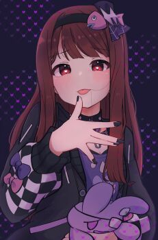 1girl black_cardigan black_choker black_hairband black_nails blush brown_hair cait_sith47 cardigan checkered_sleeves choker fingernails fish_skeleton_hair_ornament hair_in_own_mouth hairband hand_up hashtag-only_commentary heart heart-shaped_pupils highres holding holding_stuffed_toy idolmaster idolmaster_million_live! idolmaster_million_live!_theater_days long_hair long_sleeves looking_at_viewer loose_hair_strand nail_polish official_alternate_costume open_cardigan open_clothes red_eyes solo stuffed_animal stuffed_rabbit stuffed_toy symbol-shaped_pupils tanaka_kotoha tanaka_kotoha_(only_see_you) tongue tongue_out upper_body yandere