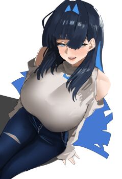 1girl :d black_hair blue_eyes blue_hair blue_pants blunt_bangs blunt_ends breasts center-flap_bangs clothing_cutout colored_inner_hair commentary denim hair_intakes high-waist_pants highres hime_cut hololive hololive_english hug huge_breasts jeans long_hair long_sleeves looking_at_viewer multicolored_hair official_alternate_costume official_alternate_hairstyle open_mouth ouro_kronii ouro_kronii_(casual) pants redi_(rasec_asdjh) shirt shoulder_cutout sidelocks simple_background sitting sleeves_past_wrists smile solo symbol-only_commentary teeth torn_clothes torn_pants turtleneck upper_teeth_only virtual_youtuber white_background white_shirt