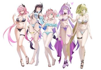 5girls ;) aglaea_(honkai:_star_rail) aqua_bikini aqua_eyes aqua_hair bikini black_bikini black_hair black_tiara blonde_hair blue_bikini blue_eyes breasts castorice_(honkai:_star_rail) cleavage commentary evernight_(honkai:_star_rail) full_body green_eyes higashiwun_izumi highres honkai:_star_rail honkai_(series) hyacine_(honkai:_star_rail) hysilens_(honkai:_star_rail) large_breasts laurel_crown long_hair march_7th_(honkai:_star_rail) medium_breasts mismatched_bikini multiple_girls navel one_eye_closed photoshop_(medium) pink_hair purple_bikini purple_eyes purple_hair red_eyes sandals short_hair simple_background smile stomach swimsuit symbol-only_commentary thighs tiara toes twintails very_long_hair white_background white_bikini
