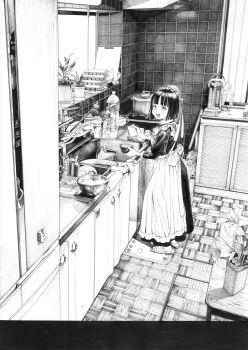 1girl absurdres apron blush commentary_request dishes dress gagaimo greyscale highres indoors kitchen looking_at_viewer maid monochrome open_mouth original short_hair slippers smile solo traditional_media